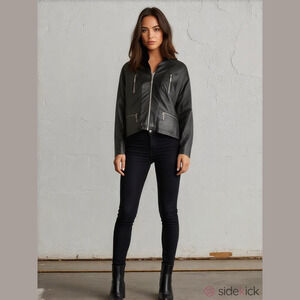 Black Faux Leather Fur Lined Jacket. P2P 20”, Length 22” Size Large  NWT